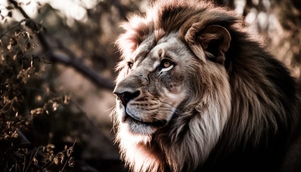 Majestic lion walking through the African savannah generated by artificial intelligence